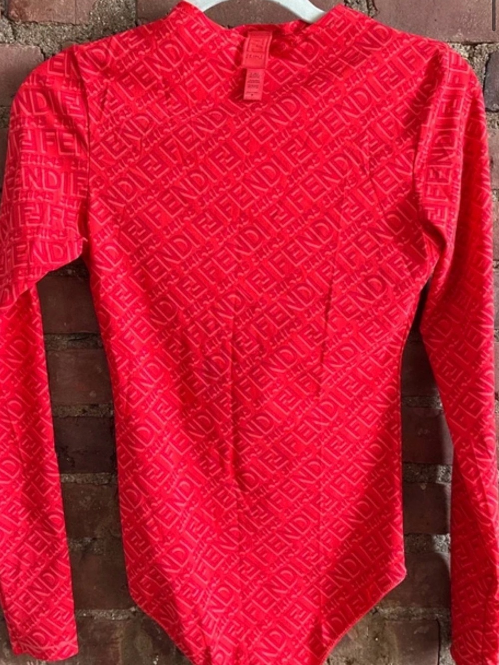 Fendi Red Logo-Embossed Long-Sleeve Bodysuit